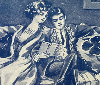 Postcard image of two people reading a book together